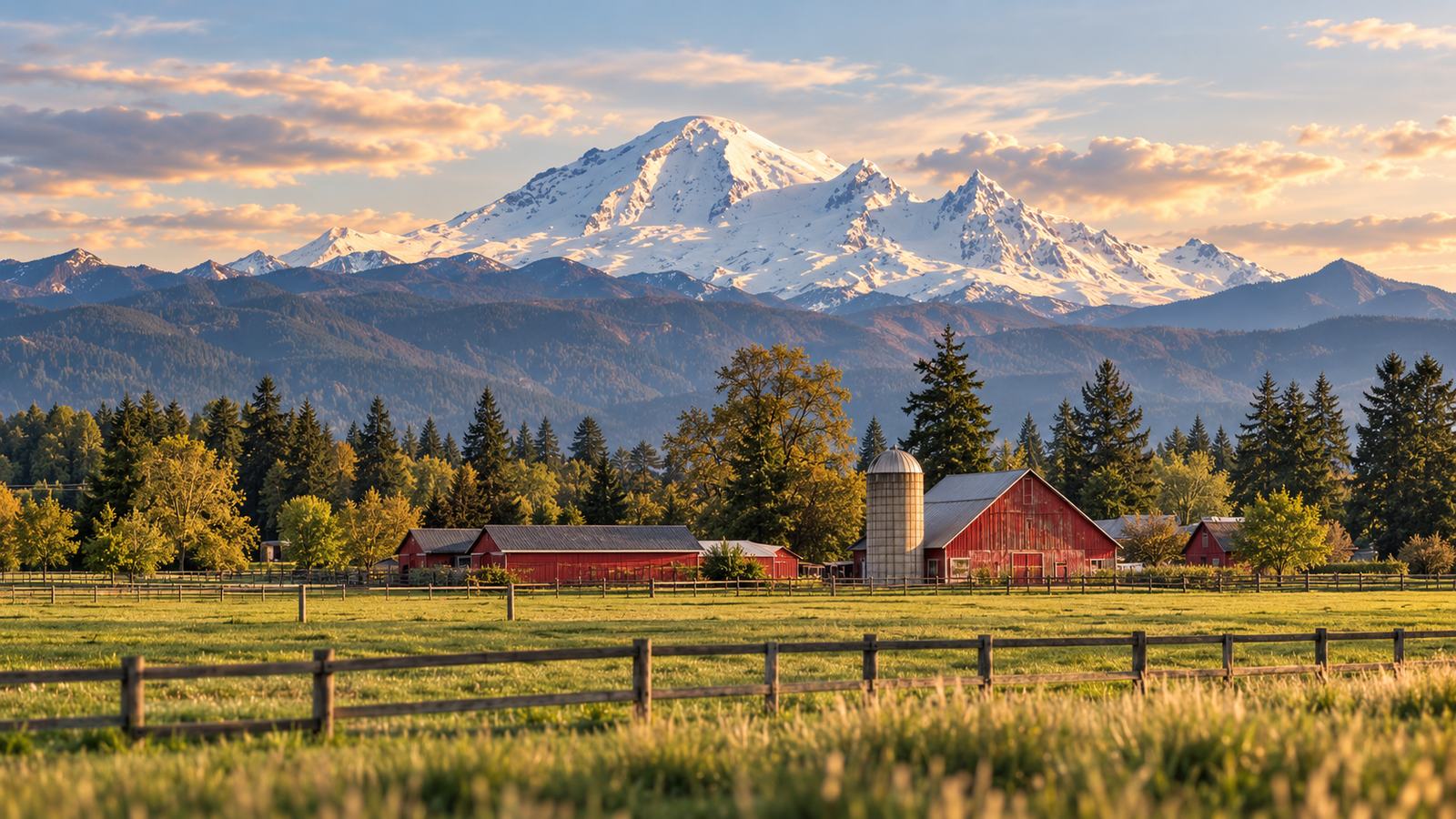 Farmland and a red barn below Mt. Baker near Lynden, Washington