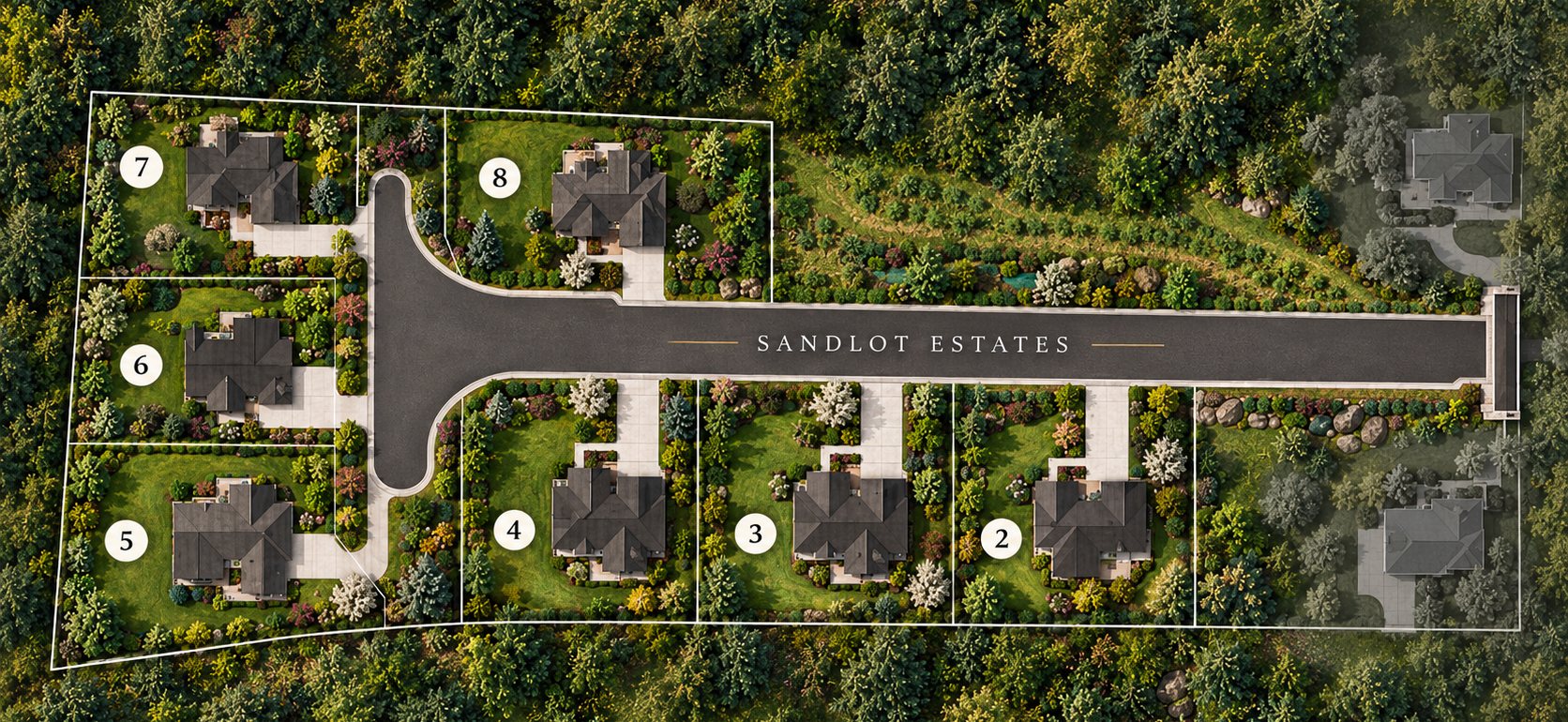 Aerial rendering of Sandlot Estates: seven homesites on Sandlot Court, a private lane ending in a turnaround